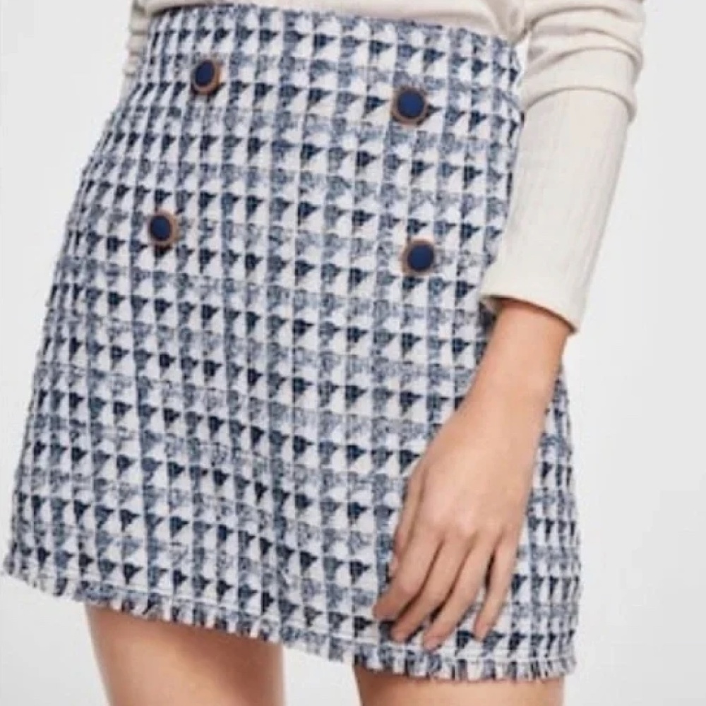 Mango Metallic Blue and White Geometric Tweed Fringe Skirt